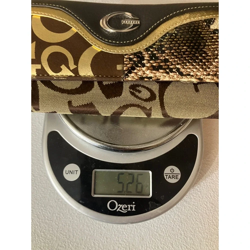 Guess Trifold Wallet Brown Monogram Canvas Snakeskin Gold Trim G‎ Logo Y2K Glam